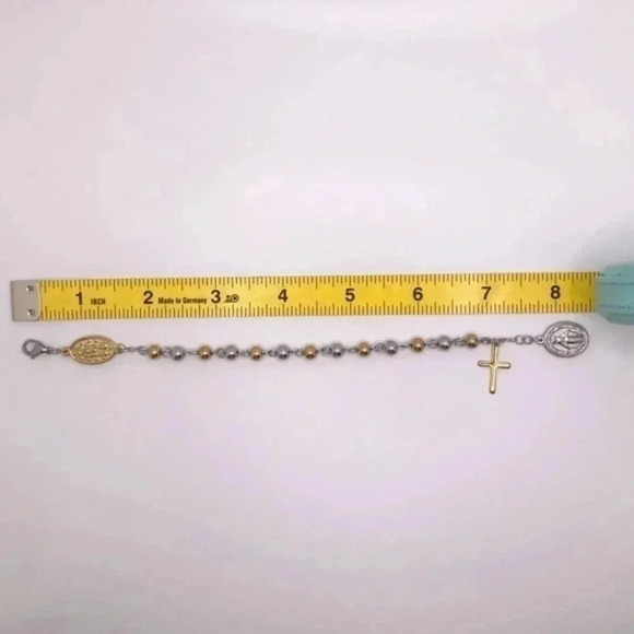 Pretty Silver & Gold Tone Stainless Steel Rosary Bracelet NWT - Picture 3 of 3